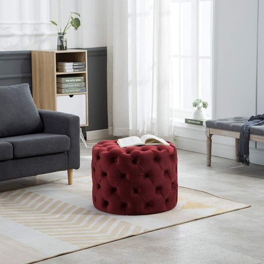 ❤️ HomeClave Round Tufted Velvet Ottoman – Wine Red Plush Footstool & Accent Coffee Table for Living Room ✨