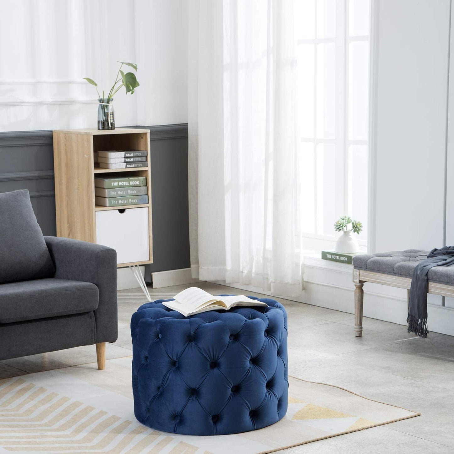 π HomeClave Round Tufted Velvet Ottoman β Navy Blue Plush Footstool & Accent Coffee Table for Living Room β¨
