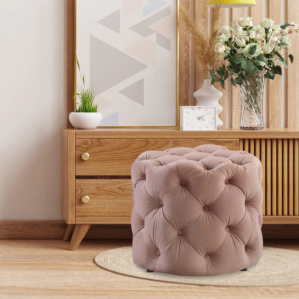 🌸 HomeClave Round Tufted Velvet Ottoman – Dusty Pink Accent Seat & Footrest ✨