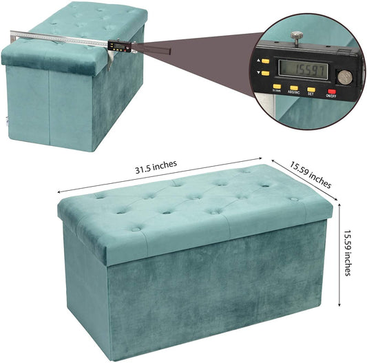 HomeClave Tufted Velvet Storage Ottoman Bench – Teal Large Foldable Footrest & Organizer with Flip Top