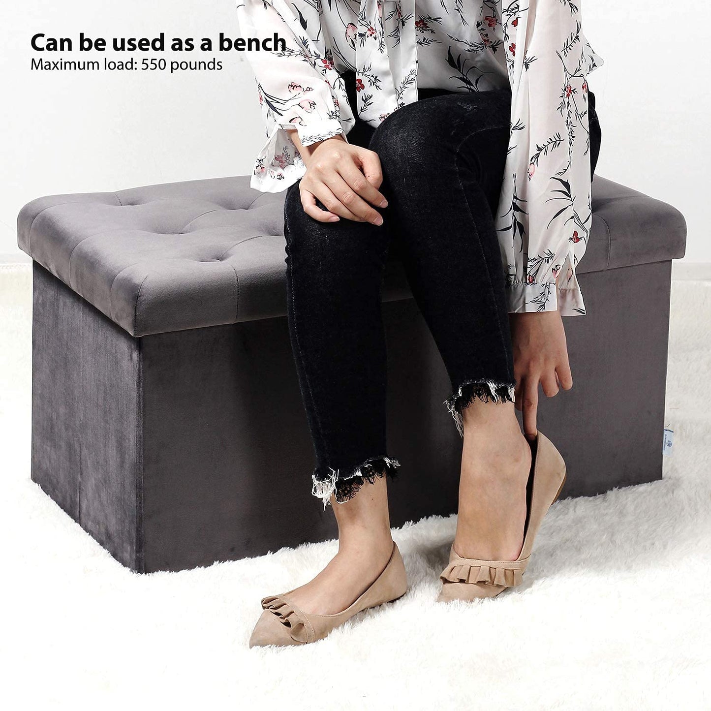 HomeClave Tufted Velvet Storage Ottoman Bench – Gray Foldable Footrest & Organizer with Flip Top 📚🧸