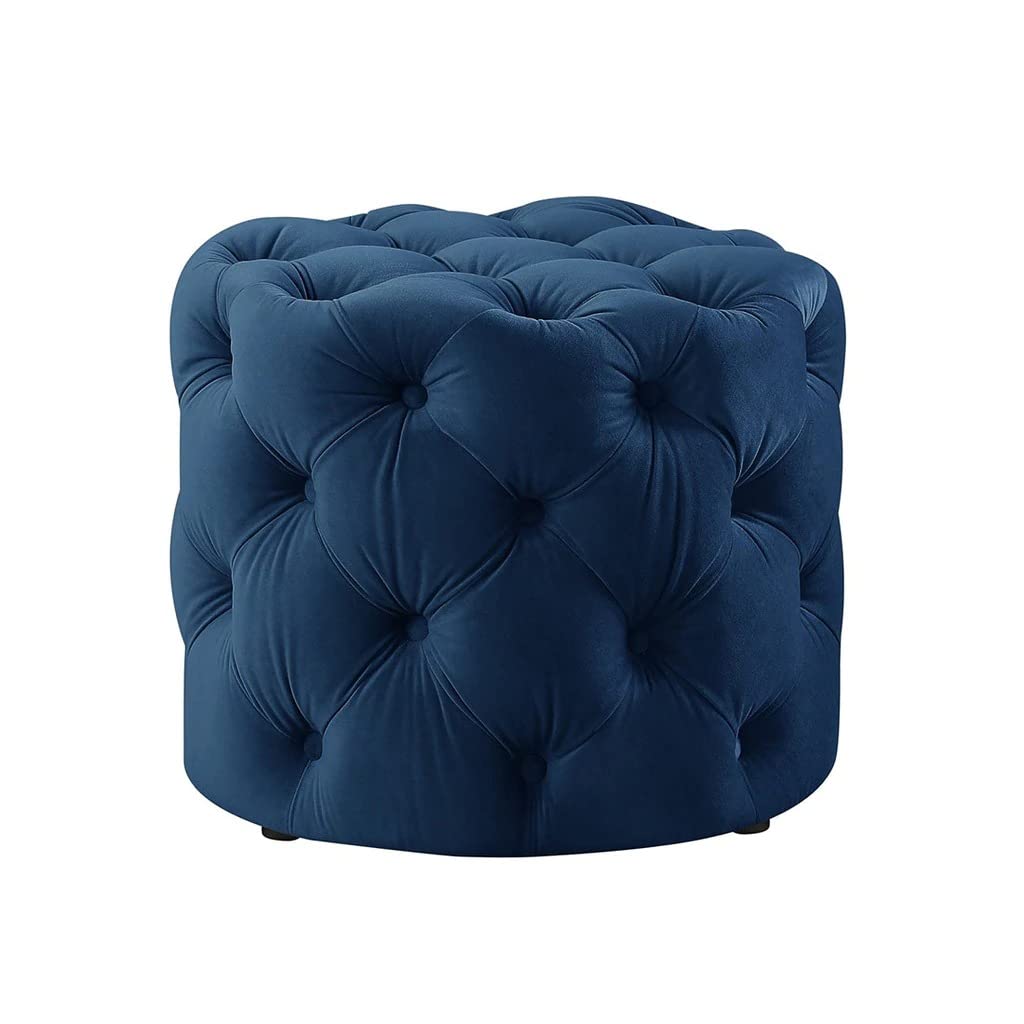 🔵 HomeClave Round Tufted Velvet Ottoman – Navy Blue Luxe Accent Seat & Footrest ✨