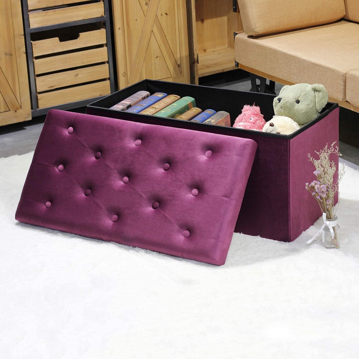 π HomeClave Tufted Velvet Storage Ottoman Bench β Magenta Foldable Footrest & Organizer with Lift-Top π