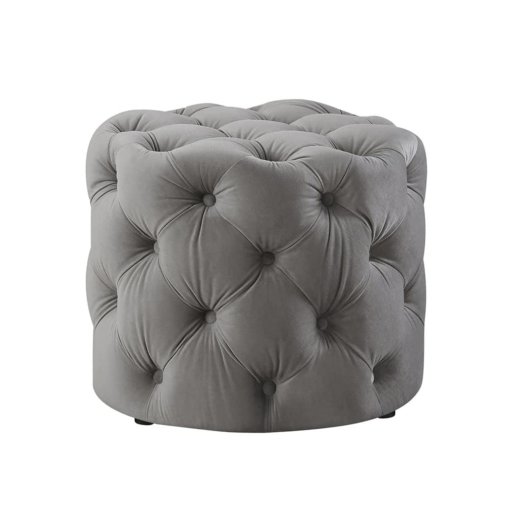 ⚪ HomeClave Round Tufted Velvet Ottoman – Elegant Grey Accent Seat & Footrest ✨