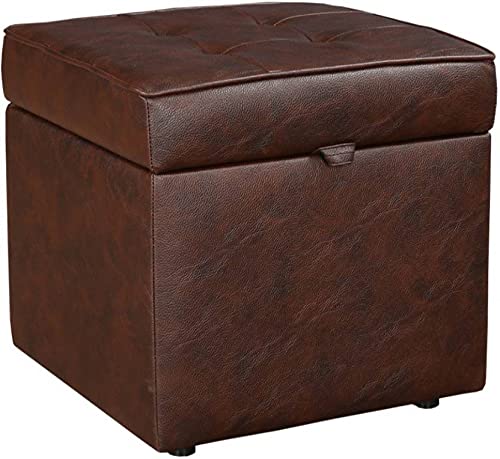 HomeClave Tufted Faux Leather Storage Ottoman – Brown Square Cube Foot Rest Stool with Flip Top
