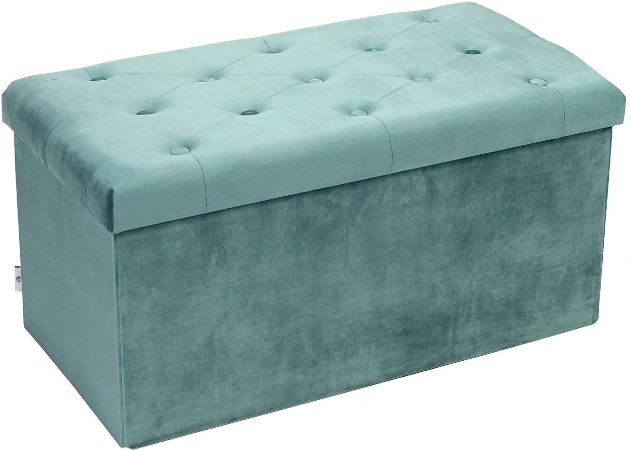HomeClave Tufted Velvet Storage Ottoman Bench – Teal Large Foldable Footrest & Organizer with Flip Top