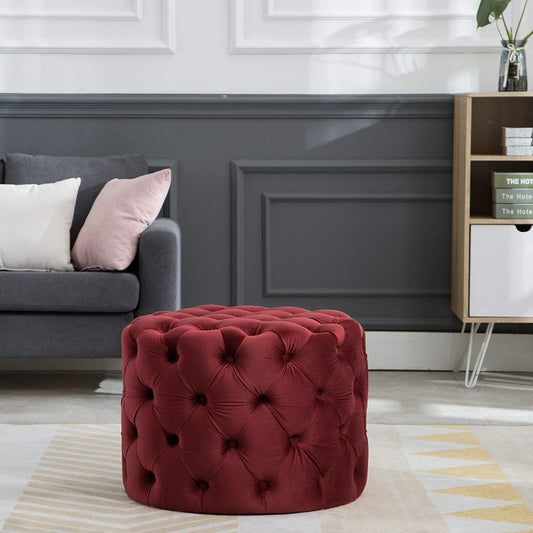 ❤️ HomeClave Round Tufted Velvet Ottoman – Wine Red Plush Footstool & Accent Coffee Table for Living Room ✨