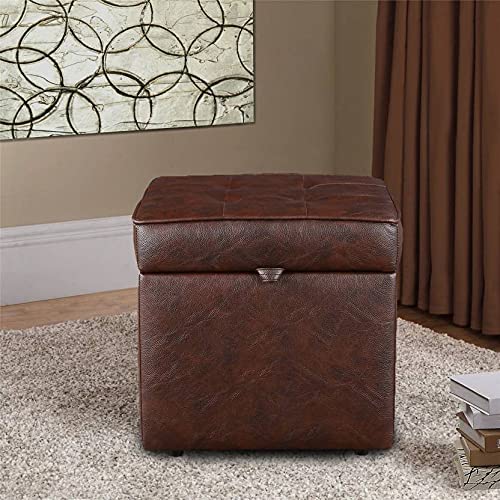 HomeClave Tufted Faux Leather Storage Ottoman – Brown Square Cube Foot Rest Stool with Flip Top