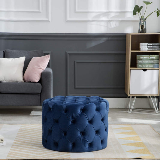 💙 HomeClave Round Tufted Velvet Ottoman – Navy Blue Plush Footstool & Accent Coffee Table for Living Room ✨
