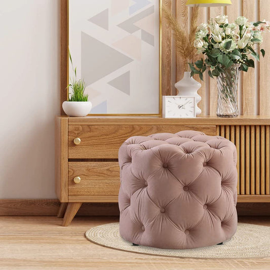 🌸 HomeClave Round Tufted Velvet Ottoman – Dusty Pink Accent Seat & Footrest ✨