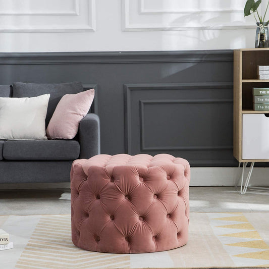 💗 HomeClave Round Tufted Velvet Ottoman – Pink Plush Footstool & Accent Coffee Table for Living Room ✨