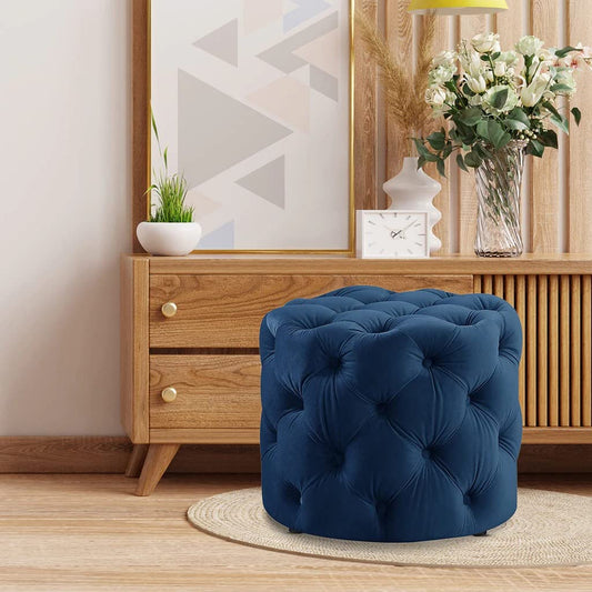 🔵 HomeClave Round Tufted Velvet Ottoman – Navy Blue Luxe Accent Seat & Footrest ✨