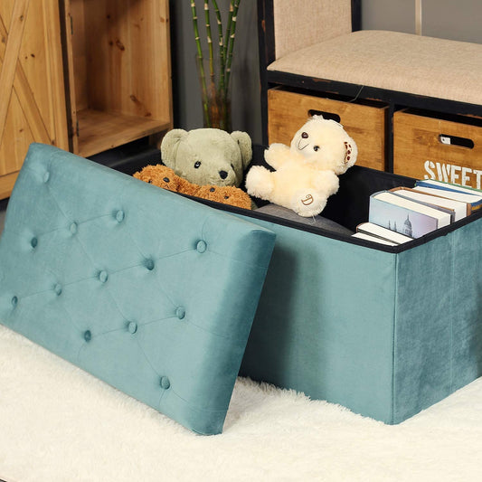 HomeClave Tufted Velvet Storage Ottoman Bench – Teal Large Foldable Footrest & Organizer with Flip Top