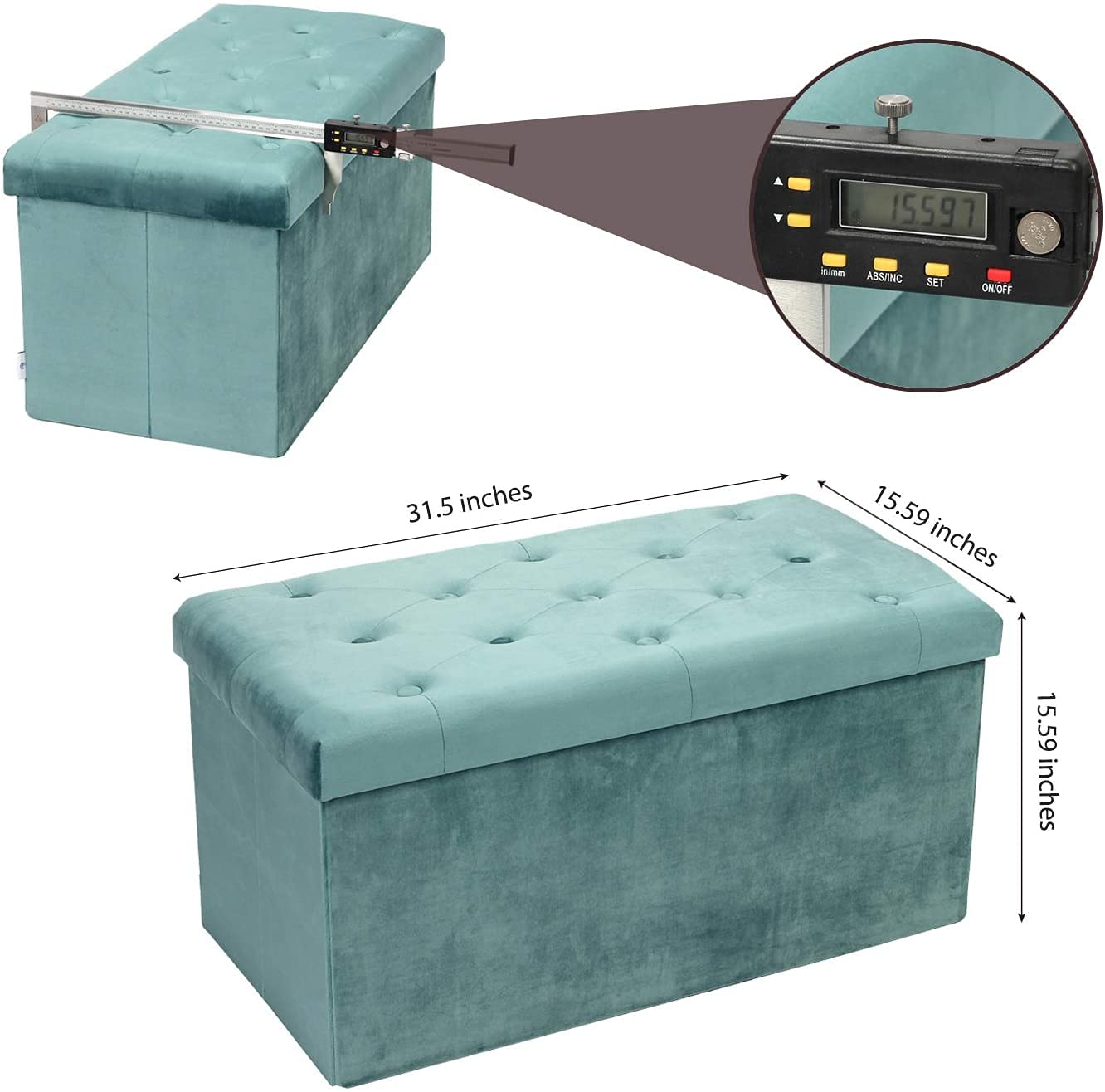 HomeClave Tufted Velvet Storage Ottoman Bench – Teal Large Foldable Footrest & Organizer with Flip Top