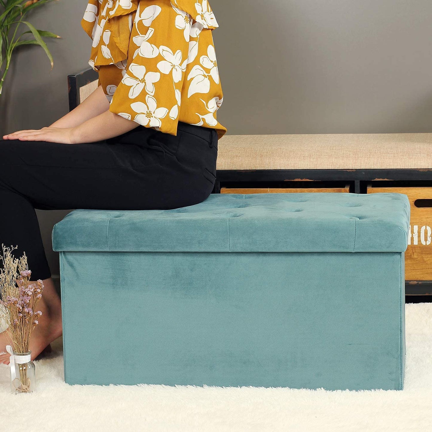 HomeClave Tufted Velvet Storage Ottoman Bench – Teal Large Foldable Footrest & Organizer with Flip Top