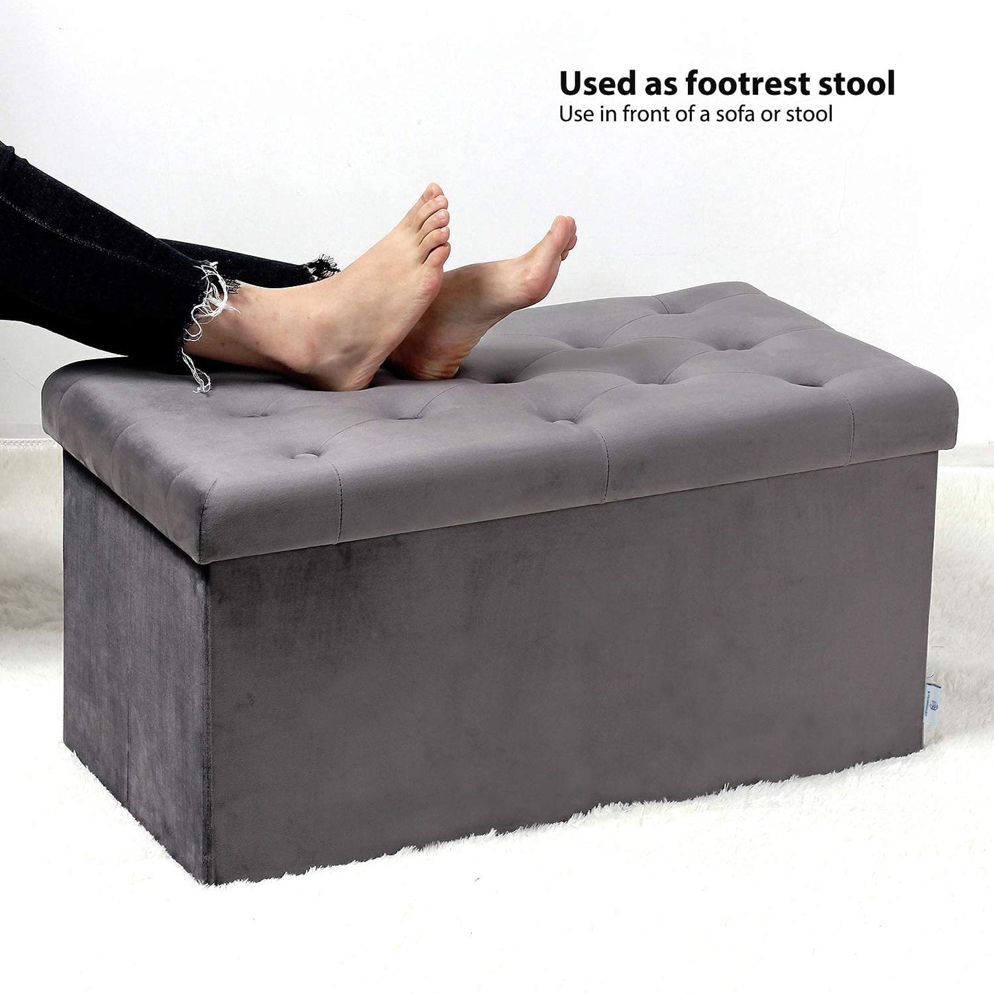 HomeClave Tufted Velvet Storage Ottoman Bench – Gray Foldable Footrest & Organizer with Flip Top 📚🧸