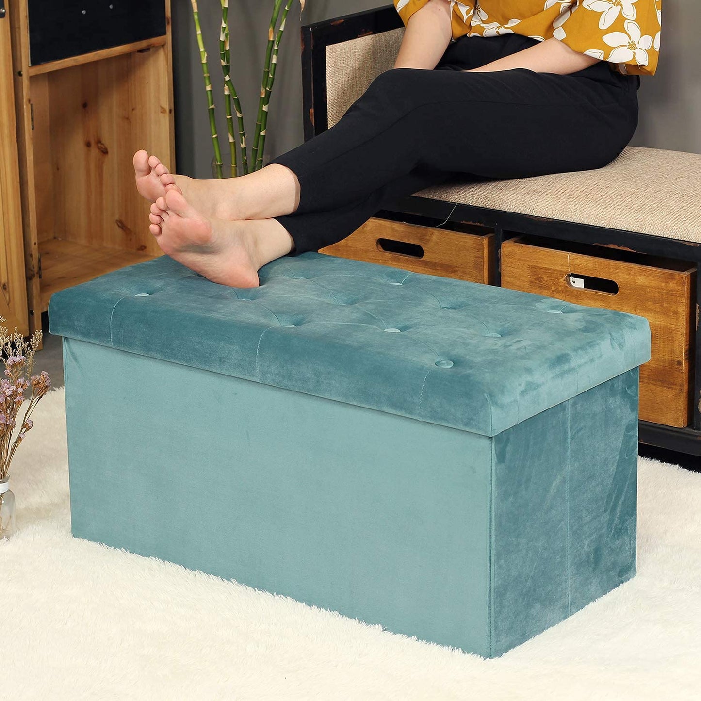HomeClave Tufted Velvet Storage Ottoman Bench – Teal Large Foldable Footrest & Organizer with Flip Top