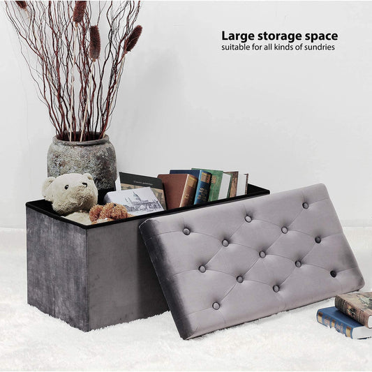 HomeClave Tufted Velvet Storage Ottoman Bench – Gray Foldable Footrest & Organizer with Flip Top 📚🧸