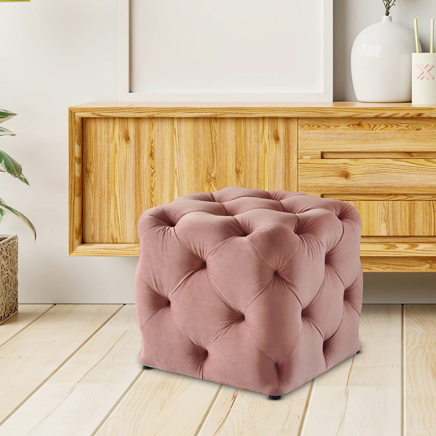 🌸 HomeClave Luxury Tufted Velvet Cube Ottoman Pouffe – Blush Pink Accent Seat & Footstool ✨