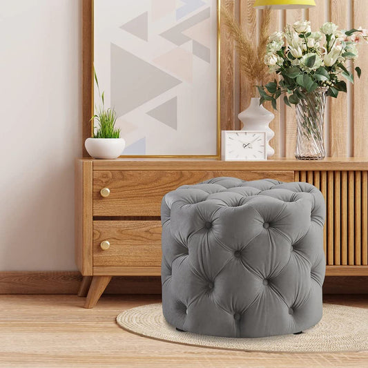 ⚪ HomeClave Round Tufted Velvet Ottoman – Elegant Grey Accent Seat & Footrest ✨