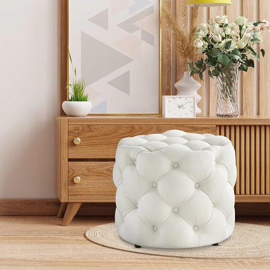🤍 HomeClave Round Tufted Velvet Ottoman – Elegant White Accent Seat & Footrest ✨